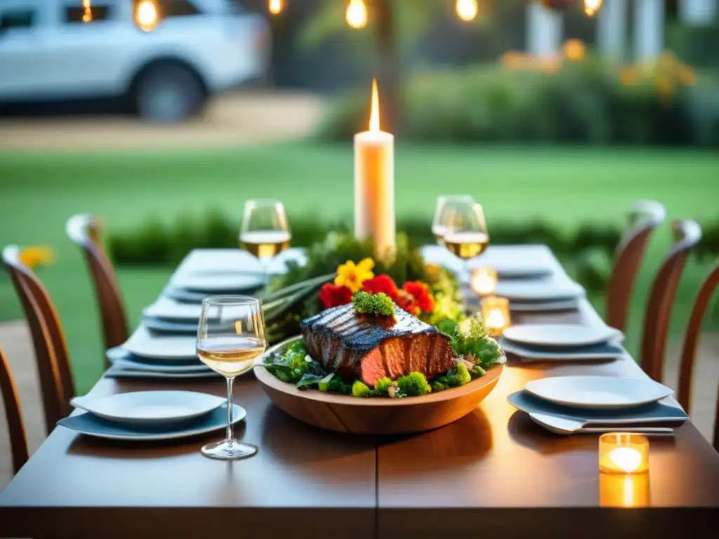 Una mesa de madera larga decorada para eventos de asado y maridaje, con carnes, vinos y velas, en un jardín soleado