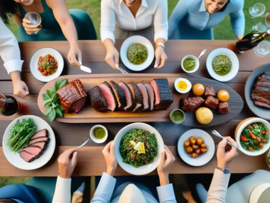 Una mesa de madera larga preparada para un asado uruguayo familiar, con carnes, chimichurri, ensaladas y vinos