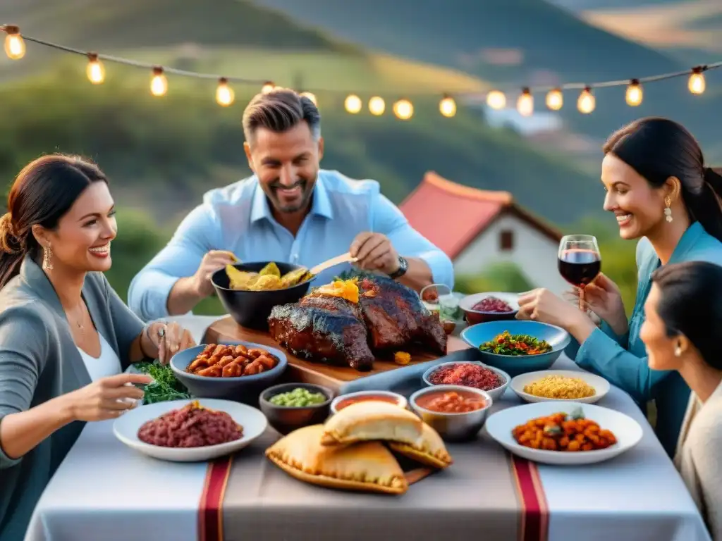 Una mesa de madera repleta de platillos de asado argentino, rodeada de familiares felices brindando con Malbec