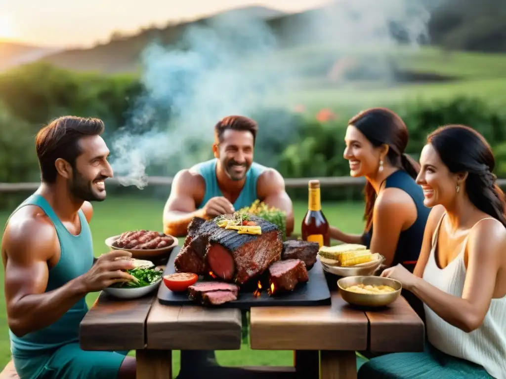 Una mesa de madera rústica al aire libre en un jardín verde, con un asado uruguayo tradicional en la parrilla