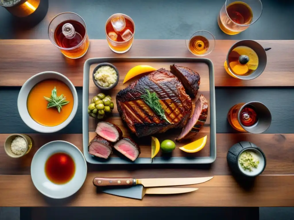 Una mesa de madera rústica con asado uruguayo y destilados uruguayos