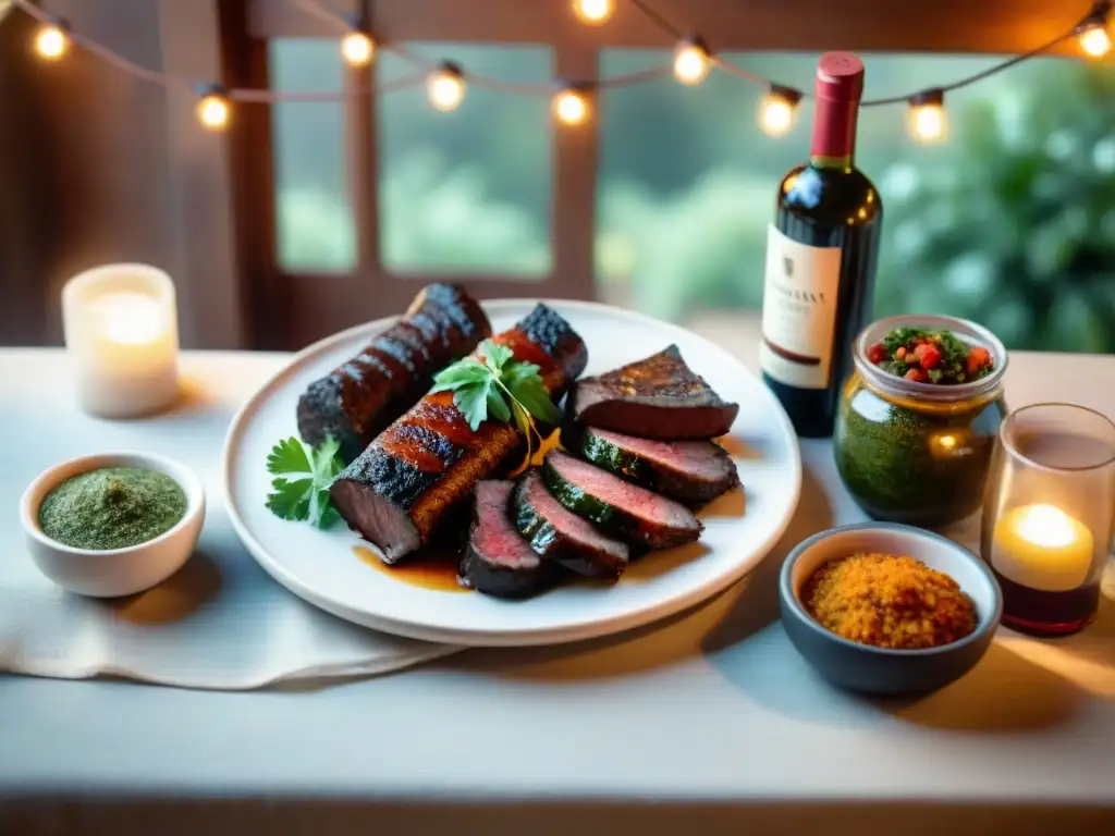 Una mesa de madera rústica con asado uruguayo rodeada de anécdotas familiares felices