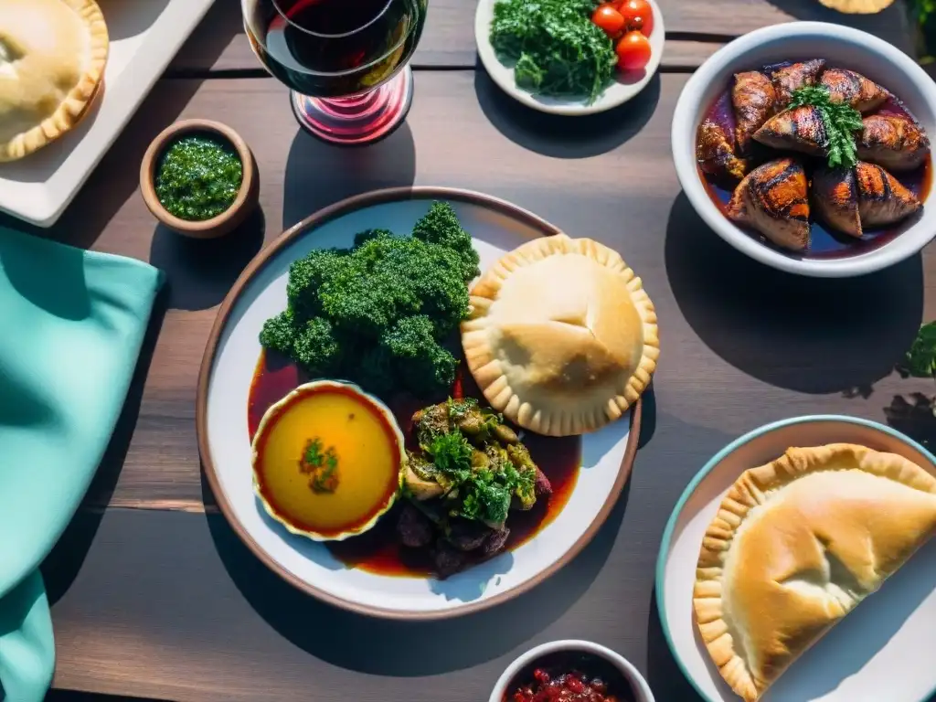 Una mesa de madera rústica con asados, chimichurri, empanadas y vino tinto, en un asado familiar en Uruguay