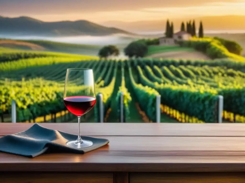 Una mesa de madera rústica con copas de vino uruguayo, en viñedos verdes al atardecer