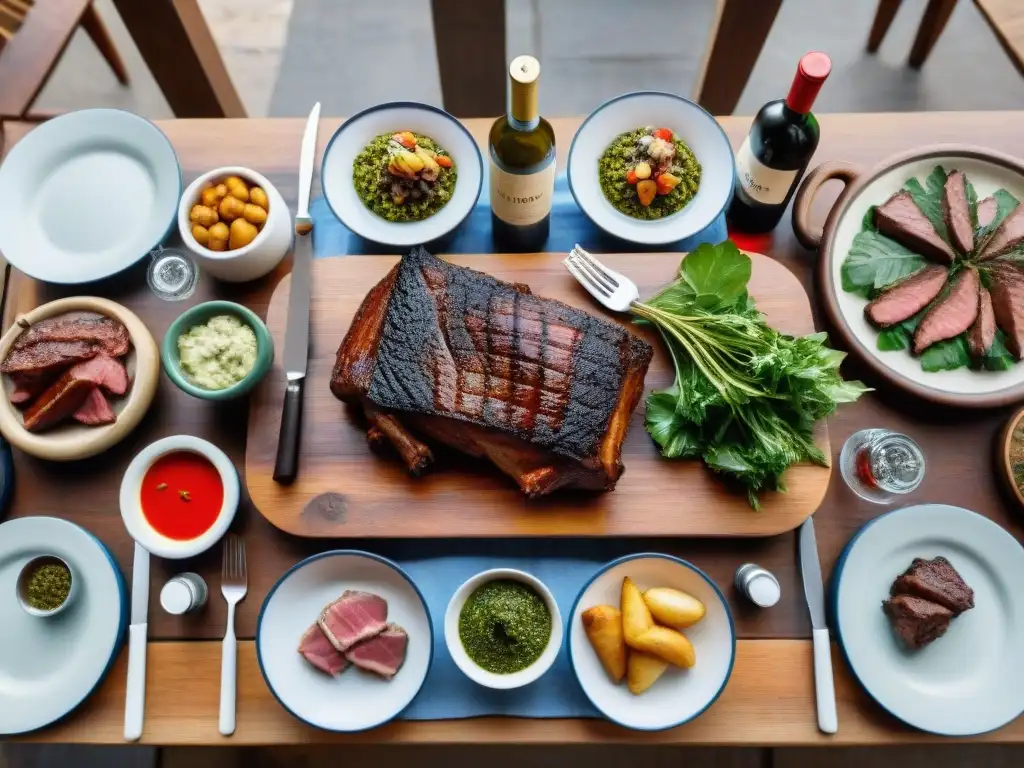 Una mesa de madera rústica decorada con platos de asado uruguayo históricos y vino tinto