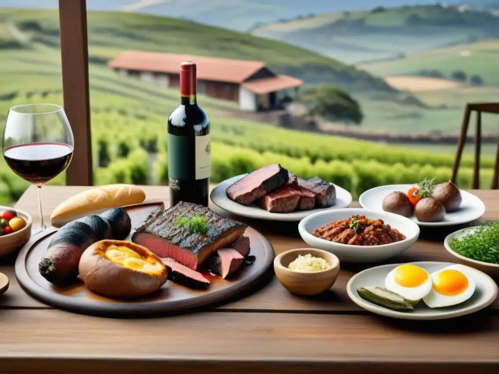 Una mesa de madera rústica con delicias del asado uruguayo y vinos finos, en un paisaje campestre