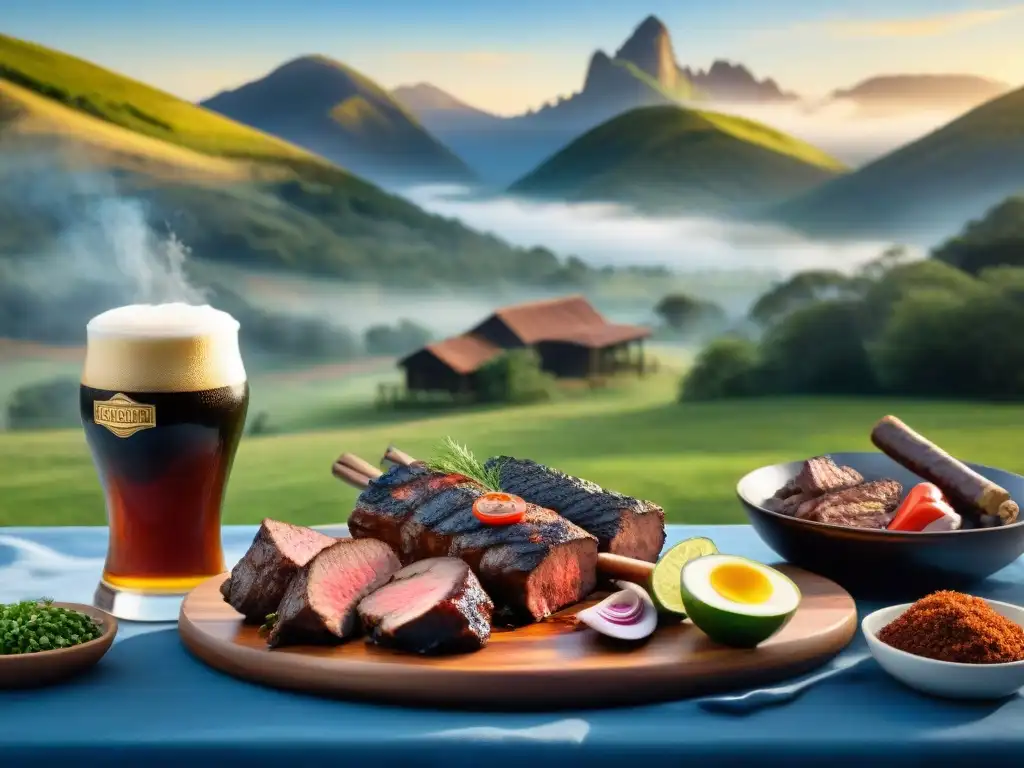 Una mesa de madera rústica con deliciosos platos de asado uruguayo y cervezas locales en copas elegantes