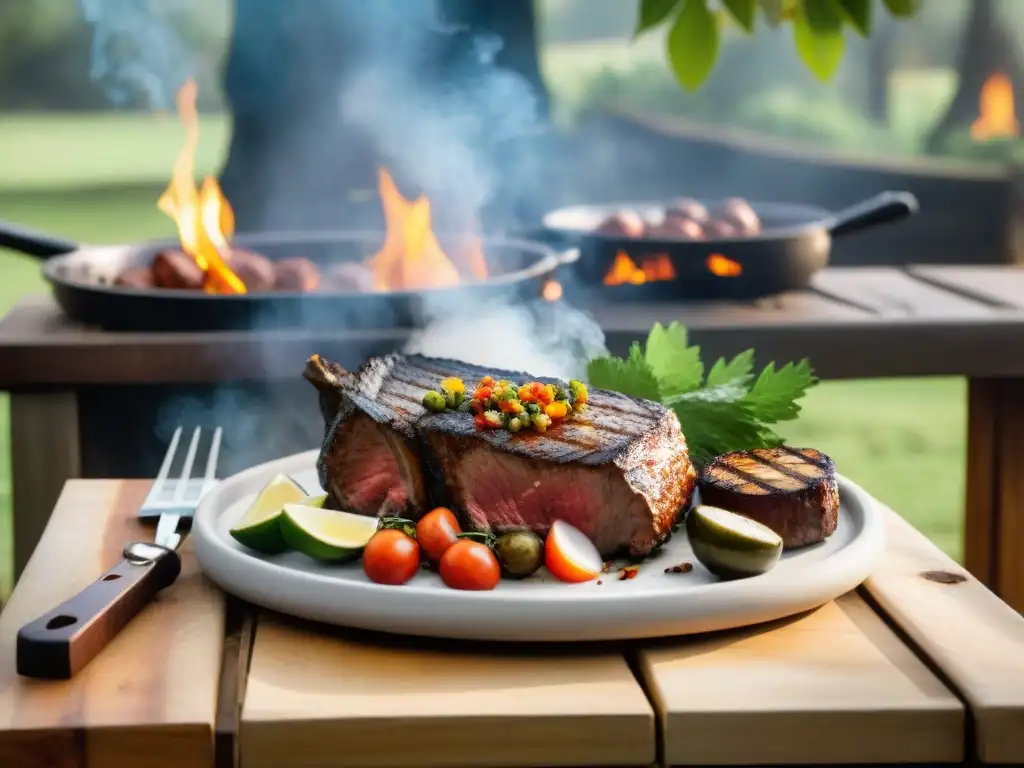 Una mesa de madera rústica con exquisitos platos de asado uruguayo rodeada de vegetación exuberante
