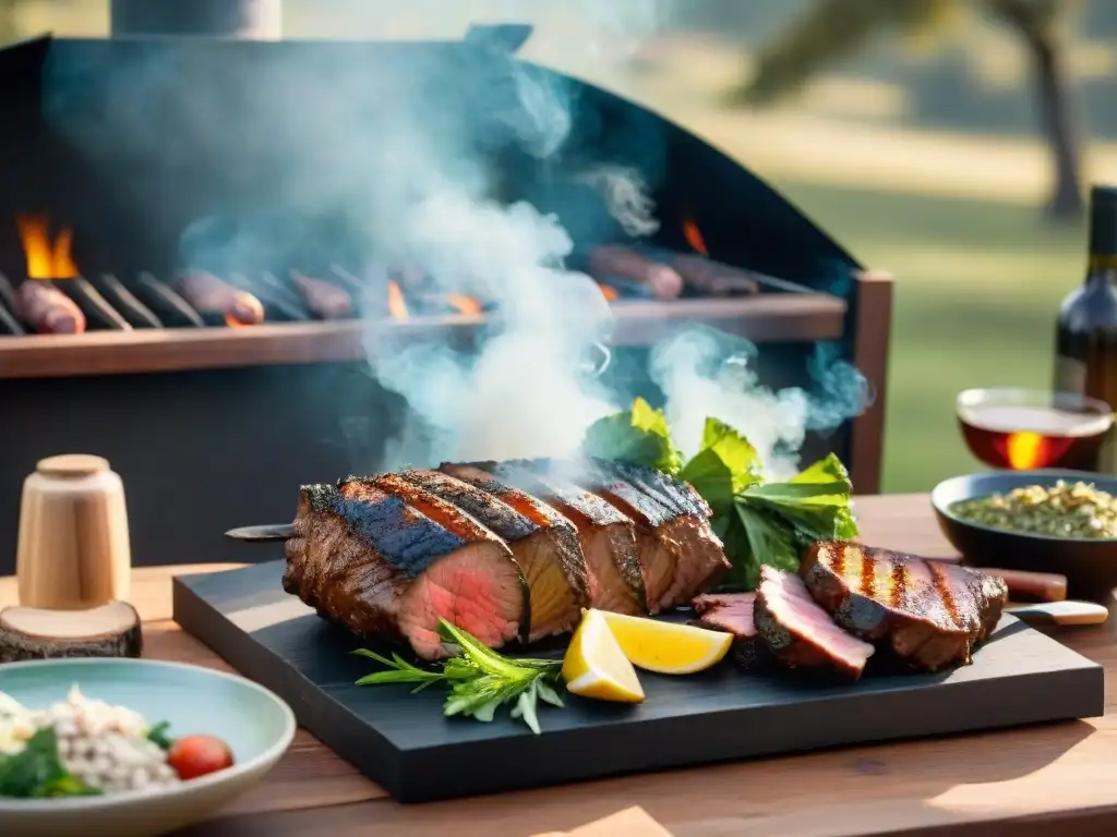 Una mesa de madera rústica lista para un asado uruguayo en eventos, con carnes a la parrilla, chimichurri, ensaladas y vinos uruguayos