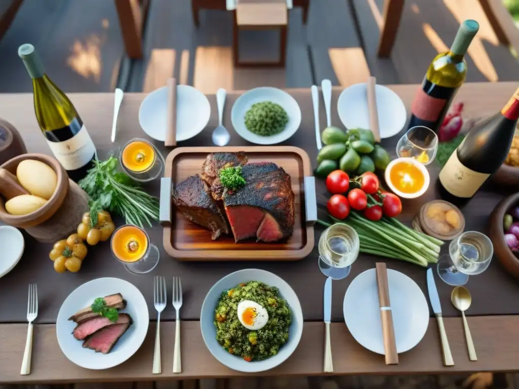 Una mesa de madera rústica lista para un asado uruguayo al aire libre con los mejores vinos, amigos riendo y disfrutando