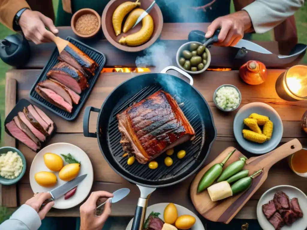 Mesa de madera rústica lista para asado en Uruguay con bebidas tradicionales uruguayas para asado, amigos y buena conversación al atardecer