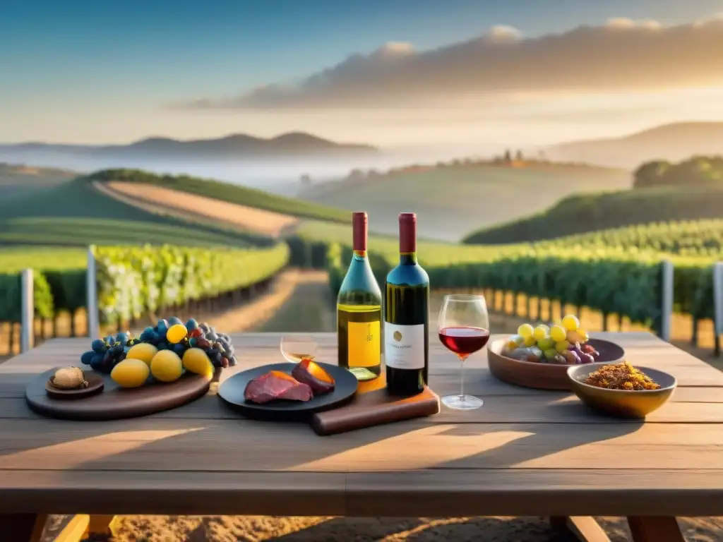 Exquisita mesa de vinos uruguayos en asado al aire libre Una mesa de madera rústica lista para un asado al aire libre en Uruguay, con vinos uruguayos para maridar asado