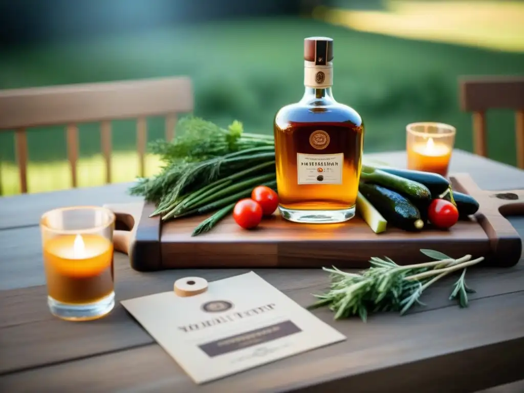 Una mesa de madera rústica preparada para un asado gourmet, con whiskey casero y productos premium