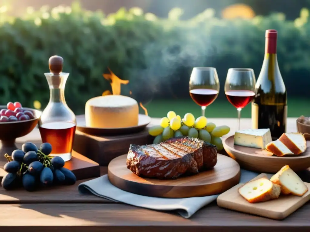 Una mesa de madera rústica preparada para un maridaje para asado uruguayo casero al atardecer