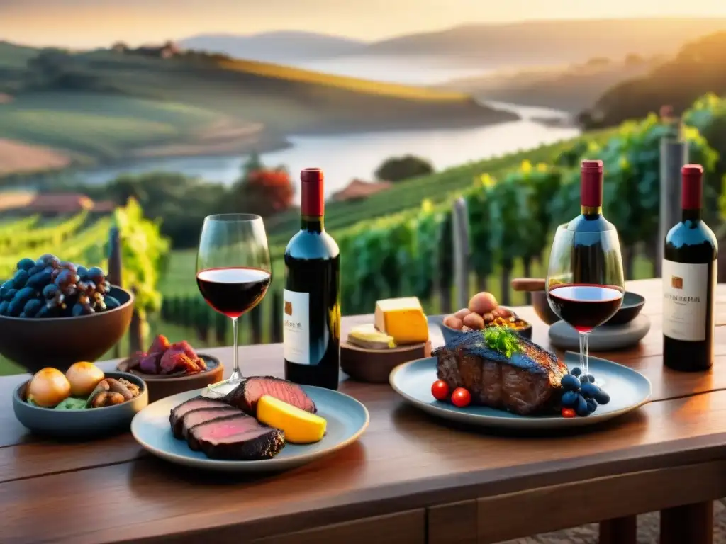 Una mesa de madera rústica con vinos y asado uruguayo al atardecer