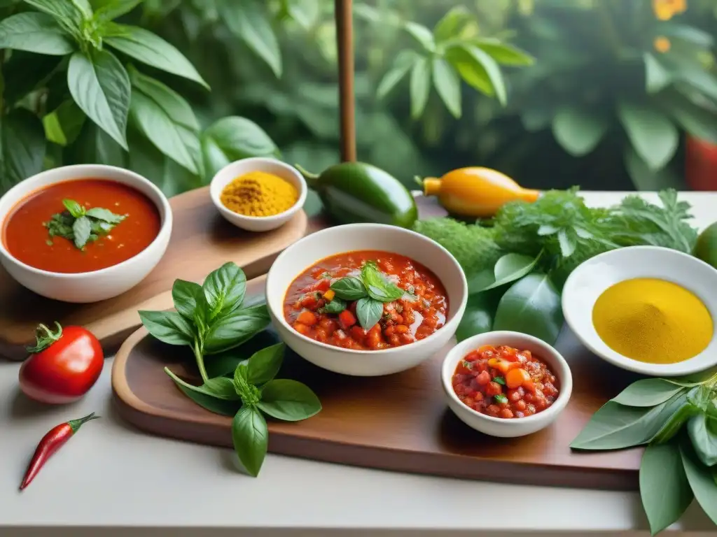 Una mesa de madera con salsas y guarniciones para asado en cuencos de cerámica, rodeada de vegetación y luz solar filtrada