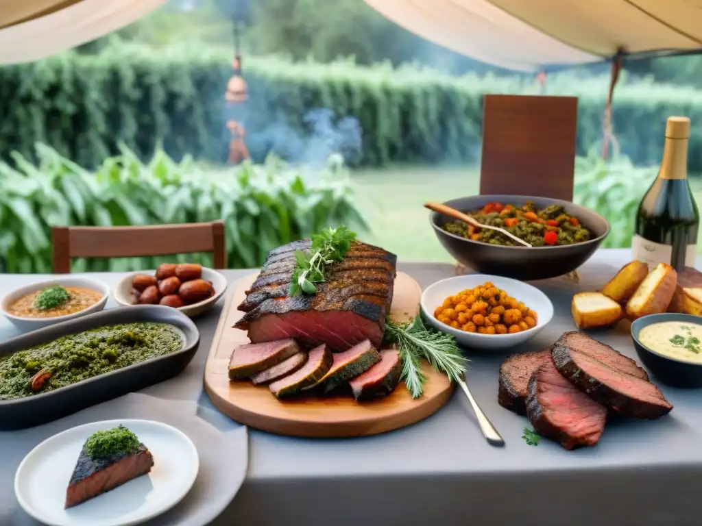 Una mesa de madera con un tradicional asado uruguayo rodeado de viñas verdes, chorizos, morcillas, asado de tira, chimichurri y pan