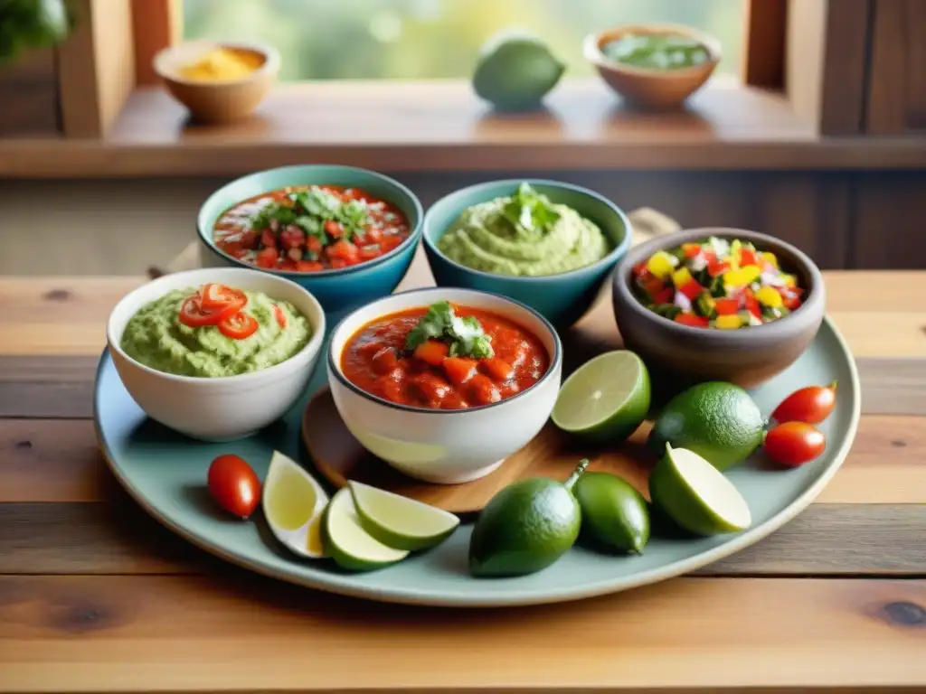 Una mesa de madera con vibrantes salsas y guarniciones para asado, colores y sabores se mezclan en un ambiente cálido y festivo