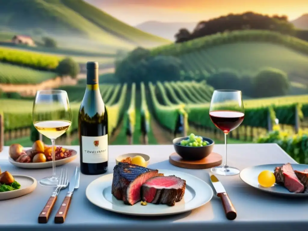 Una mesa exquisitamente montada con cortes de carne y vinos, en un viñedo con atardecer cálido