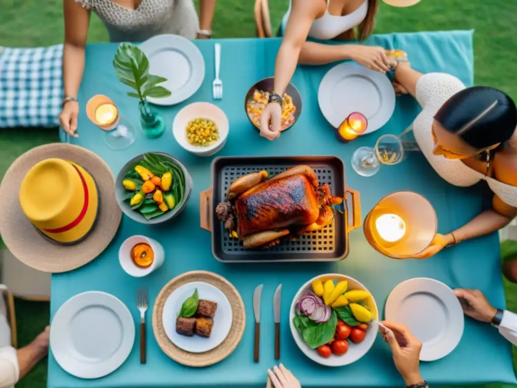 Una mesa de picnic al aire libre para una parrillada temática, con decoración tropical, luces festivas, platos variados y invitados felices