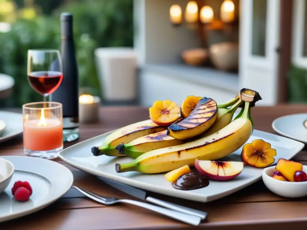 Una mesa de postres a la parrilla maridados con vinos, exquisitamente decorada en un patio soleado