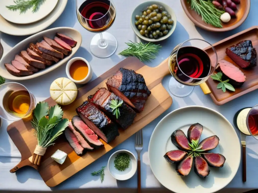 Una mesa exquisitamente preparada para un asado tradicional uruguayo con churrasco, morcilla y chorizo, acompañado de vinos dulces en copas elegantes