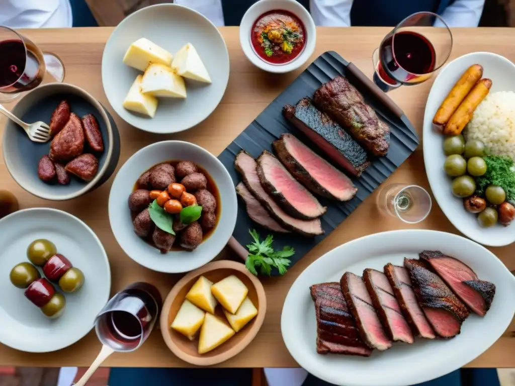 Una mesa exquisitamente preparada con asado uruguayo y vinos variados, en un maridaje perfecto