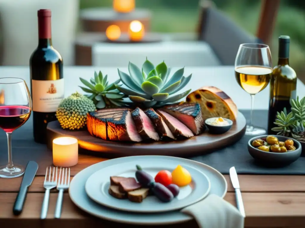 Una mesa elegantemente preparada con un suculento asado uruguayo como centro, rodeado de copas de vino y decoración refinada