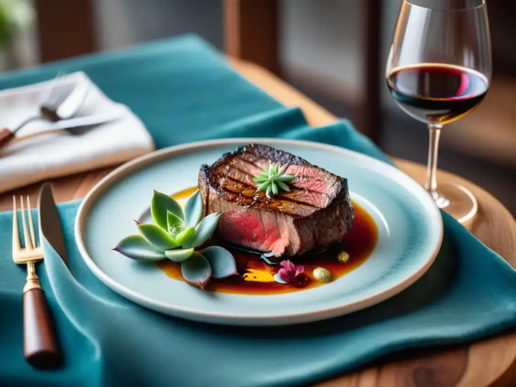 Una mesa elegantemente preparada con un suculento churrasco uruguayo maridado con vino, creando un ambiente acogedor y lujoso