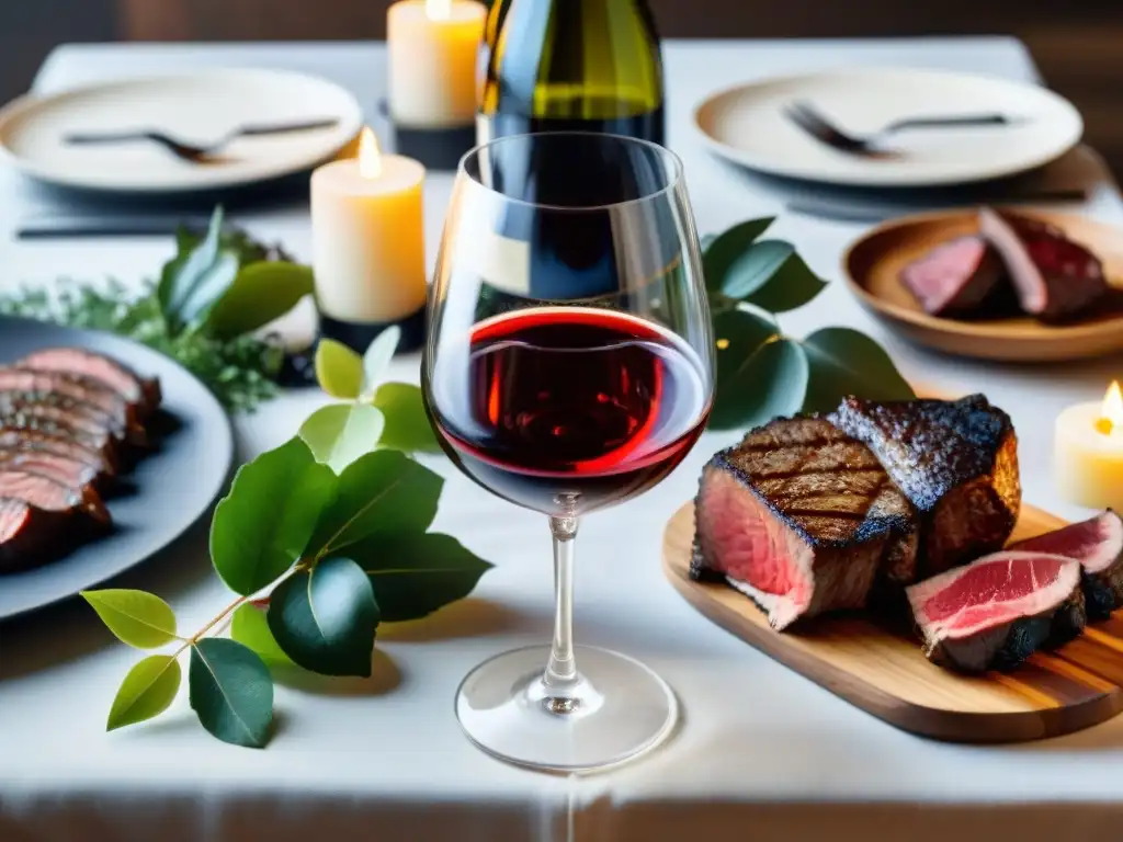 Una mesa exquisitamente preparada con vinos y cortes de carne, en un ambiente sofisticado y acogedor