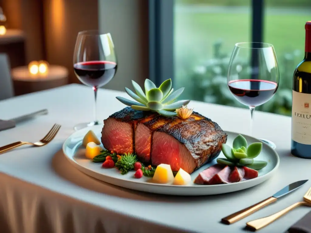 Una mesa elegantemente preparada con Vinos uruguayos para carnes importadas, finos utensilios y cortes de carne suculentos