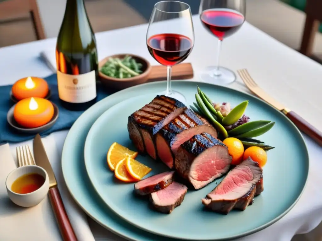 Una mesa elegantemente puesta con exquisitas carnes asadas y vinos naturales para un asado uruguayo perfecto al atardecer