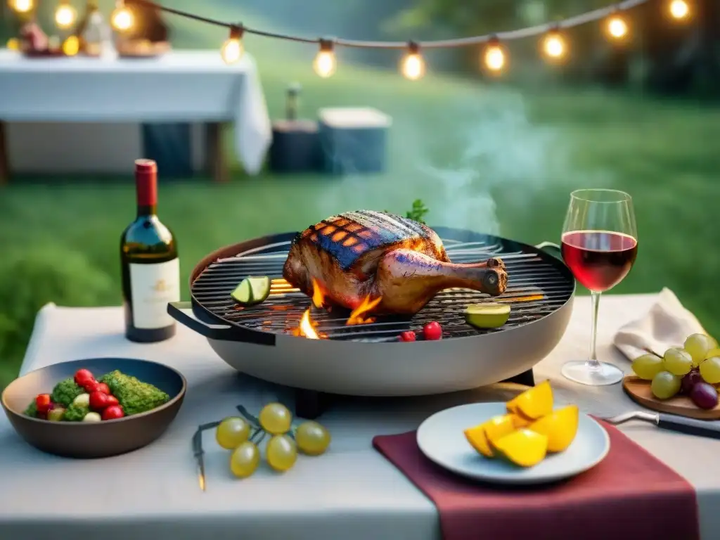 Una mesa de barbacoa temática rodeada de vegetación exuberante y luces brillantes, con copas de vino coloridas y utensilios de barbacoa