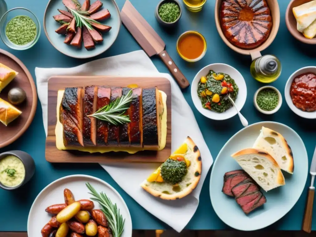 Una mesa rústica al aire libre con un asado uruguayo, destaca una Focaccia casera junto a carnes y vino Tannat