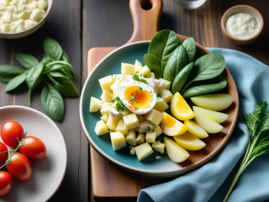 Una mesa rústica al aire libre con la preparación paso a paso de una receta de ensalada de papas estilo uruguayo