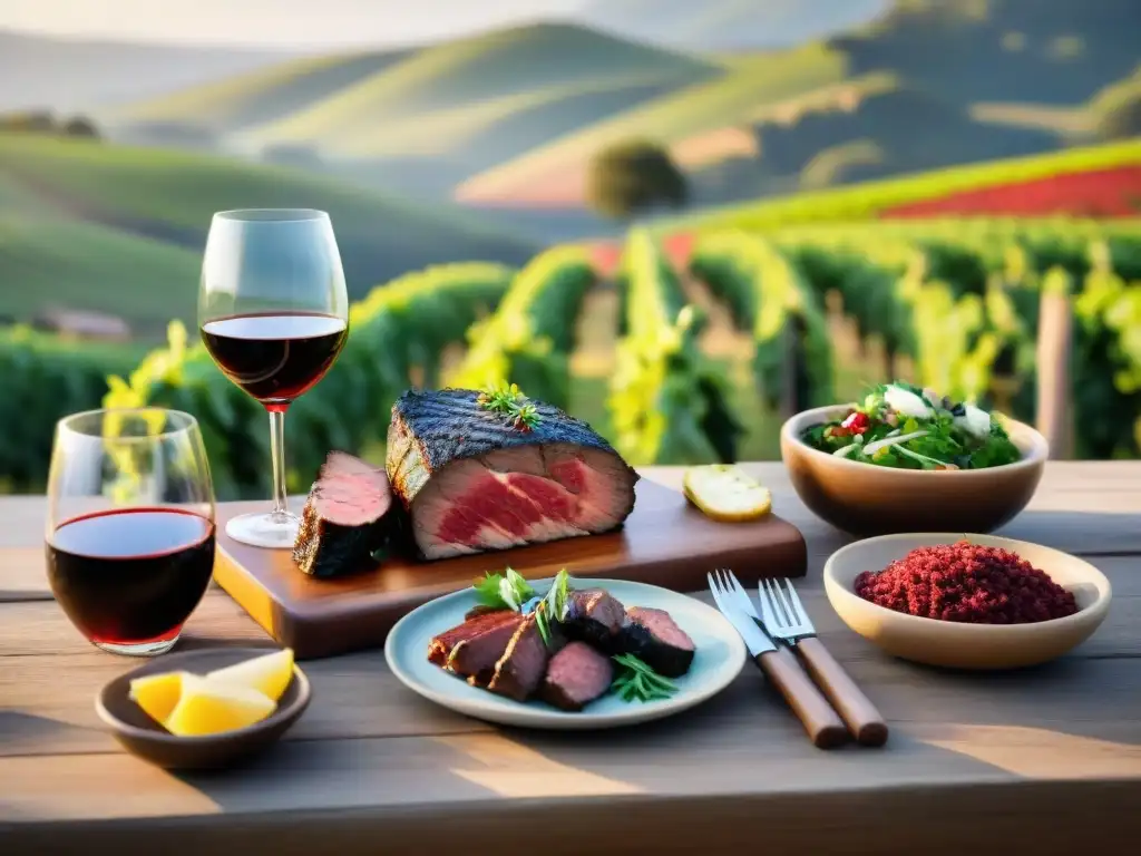 Una mesa rústica al aire libre con un asado uruguayo y maridaje de vinos, en un ambiente sereno con viñedos al fondo