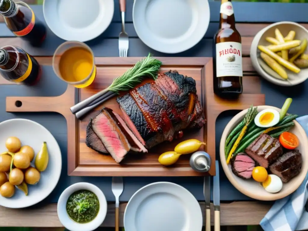 Una mesa rústica al aire libre con un asado uruguayo y maridaje de cervezas artesanales