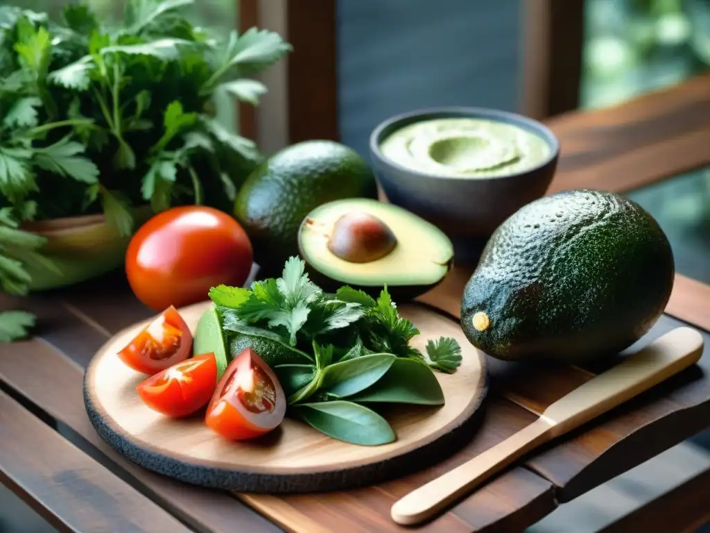 Una mesa rústica al aire libre con ingredientes uruguayos para una receta auténtica de guacamole asado