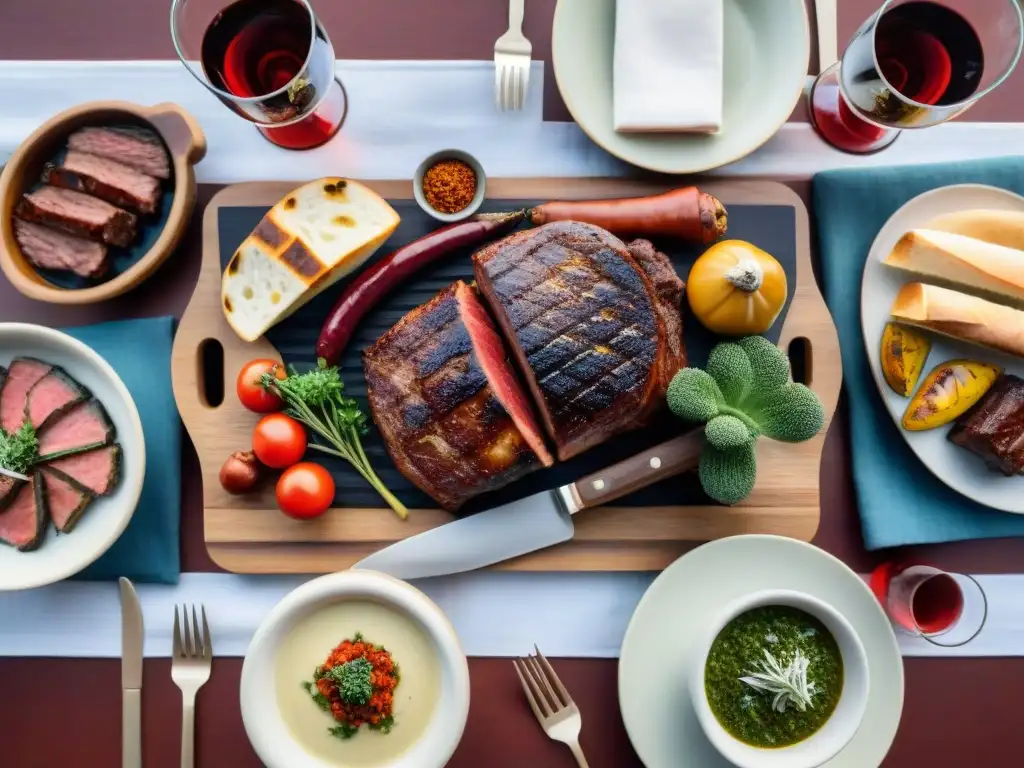 Una mesa rústica al aire libre con un asado uruguayo tradicional: cortes de asado uruguayo recomendados, vinos y chimichurri