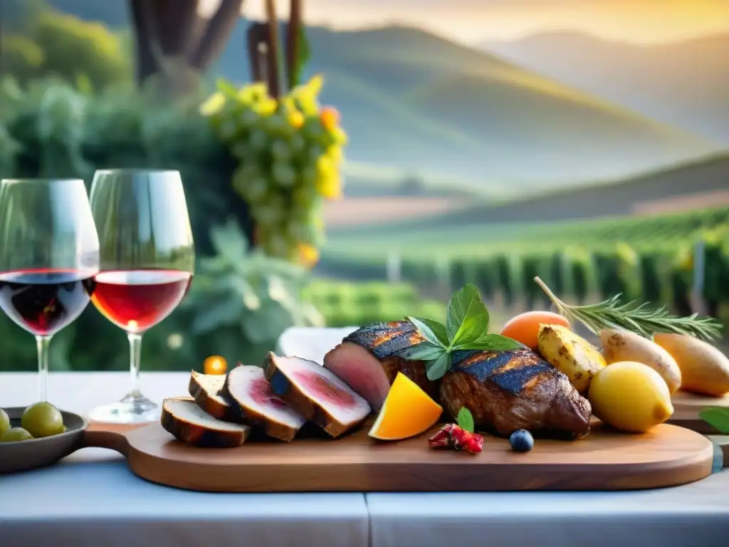 Una mesa rústica al aire libre con maridajes vinos asados uruguayos innovadores, en un viñedo al atardecer