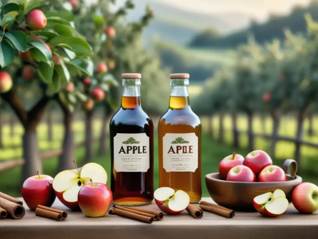 Una mesa rústica al aire libre con elaboración casera de sidras para asado: botellas de sidra, manzanas, canela y clavos