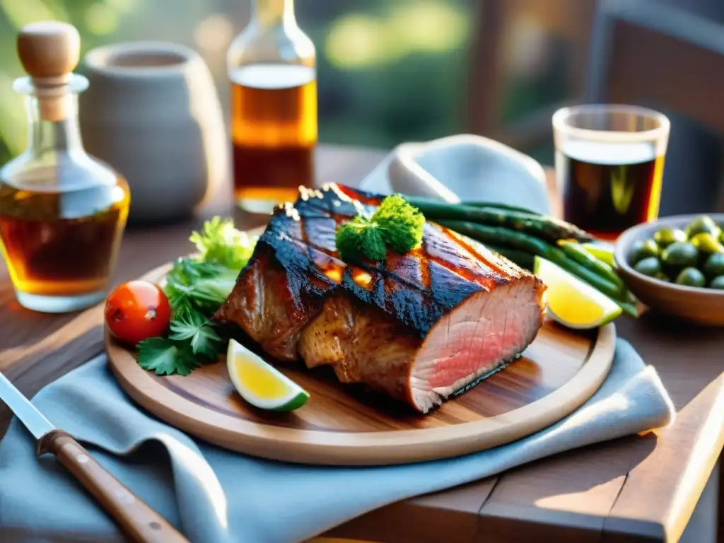 Una mesa rústica al aire libre con sidras uruguayas para asado de cerdo, bañada por cálida luz solar