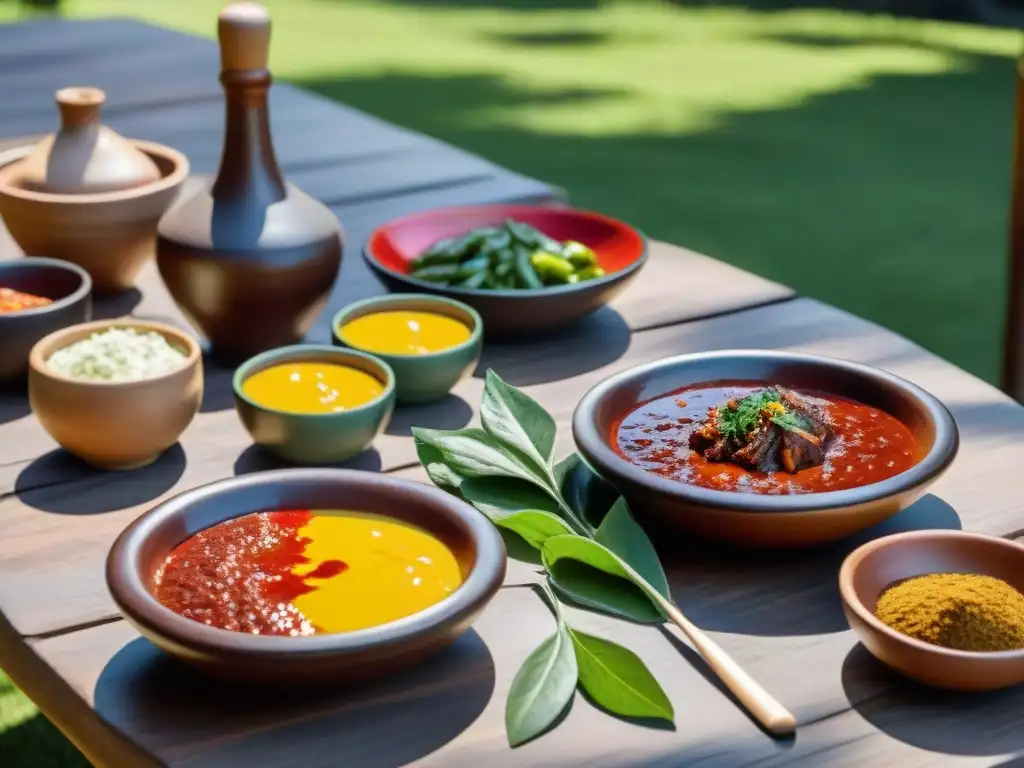 Una mesa rústica al aire libre con salsas para asado uruguayo perfectas en tazones cerámicos