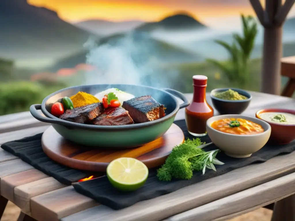 Una mesa rústica al aire libre con salsas y condimentos para asado premium en coloridos cuencos, bañados por la cálida luz del atardecer