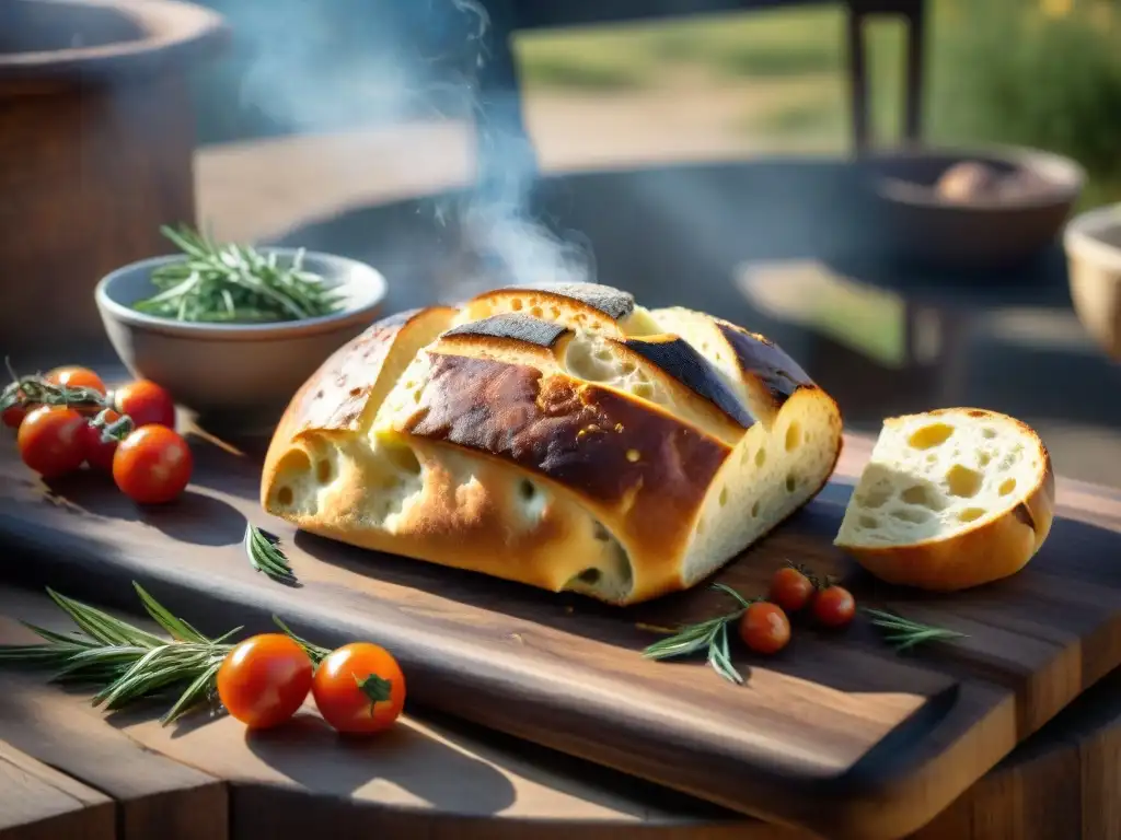 Una mesa rústica al aire libre con focaccia recién horneada y ingredientes frescos, ideal para un asado uruguayo