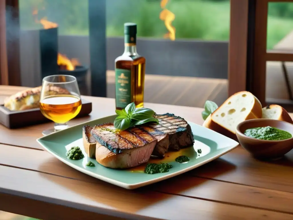 Una mesa rústica con asado y Grappa uruguaya, en un ambiente festivo y acogedor