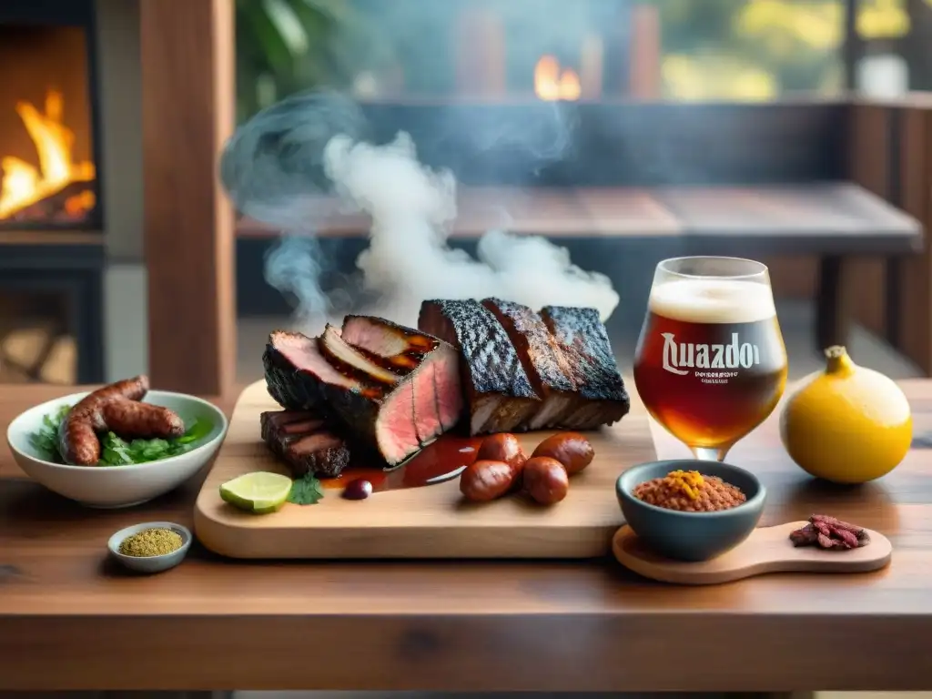 Una mesa rústica con asado y cervezas artesanales uruguayas, en un entorno de asado tradicional al aire libre al atardecer