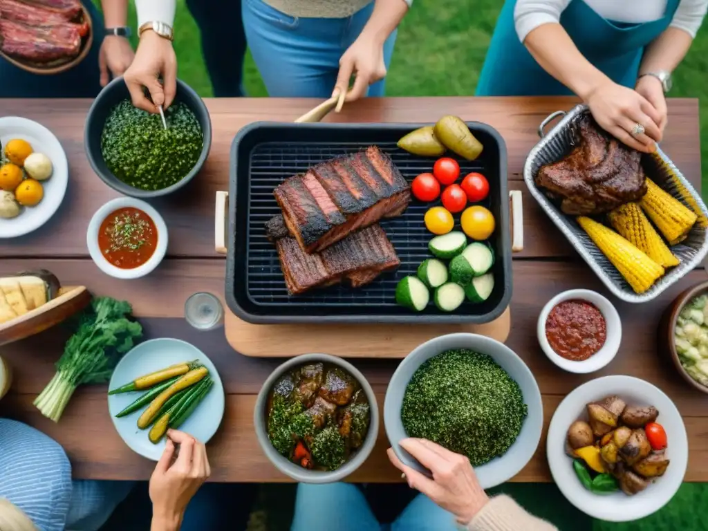 Una mesa rústica con un asado uruguayo tradicional: parrilla, leña, chimichurri, vegetales a la parrilla y familia reunida