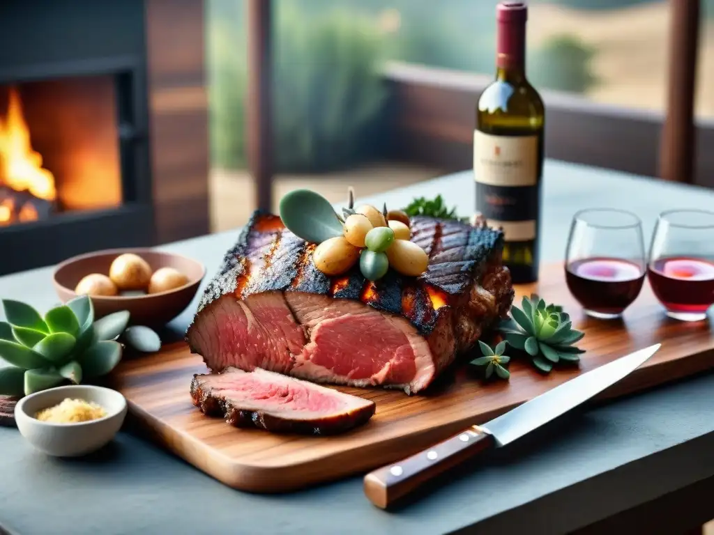 Mesa rústica con asado uruguayo y maridaje vinos en cálida luz de sol