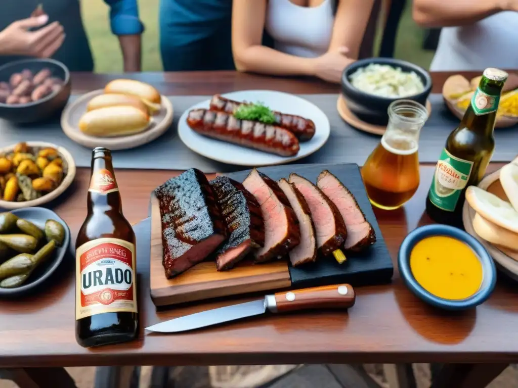 Mesa rústica de asado uruguayo con cervezas artesanales y platillos típicos